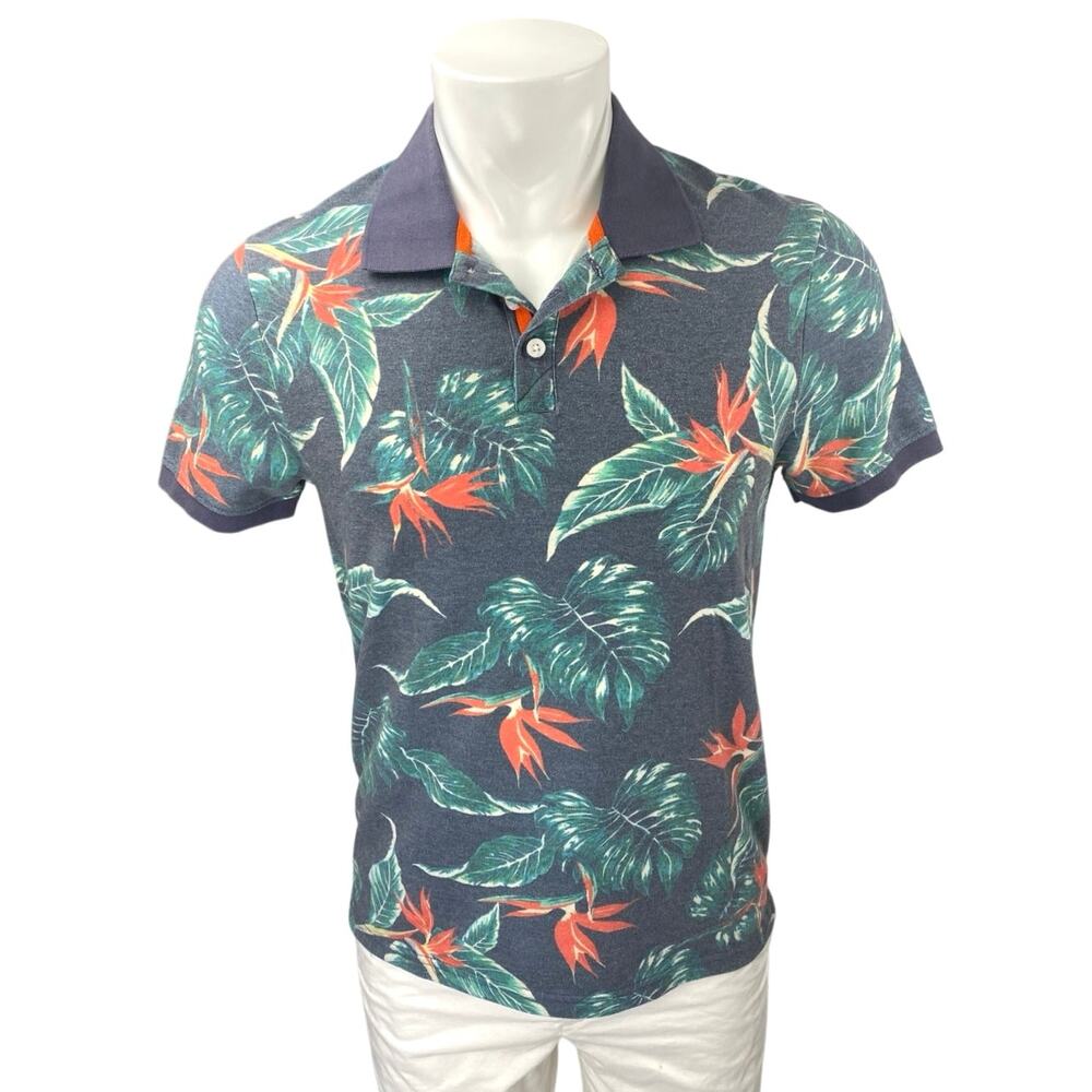 Eleven Paris Men's Blue Tropical Graphic Short Sleeve Polo Shirt Top Size S